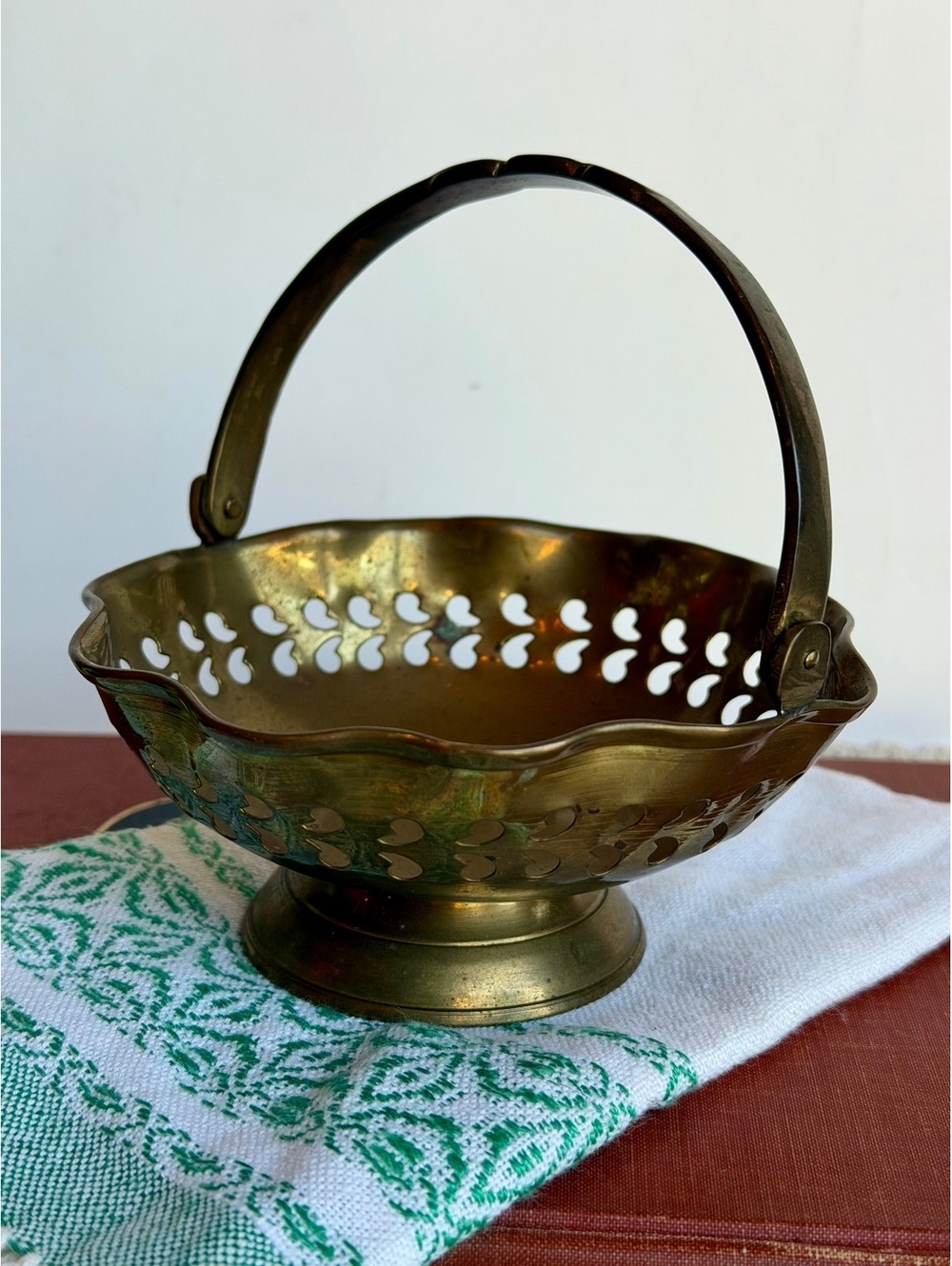 Vintage Brass Pedestal Basket Made in India Pierced Scalloped Swing Handle